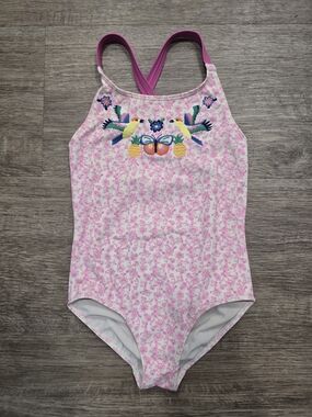 Boden Pink One-Piece Swimsuit with Tropical Embroidery Size 6-7